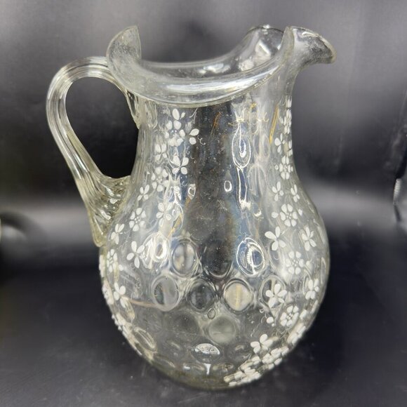 Antique Enameled Glass Pitcher Jug Hand Blown Optic Dot Manganese 365nm Green UV - Picture 2 of 16